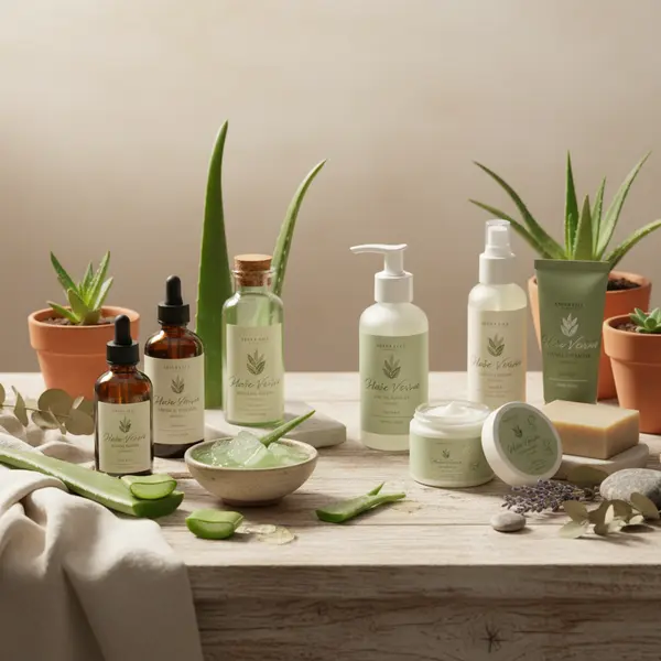 Différents flacons de gel d'aloe vera disposés sur un comptoir de magasin