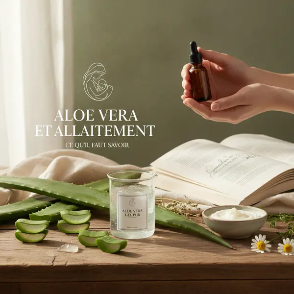 Flacon de gel d'aloe vera pose a cote d'un coussin d'allaitement