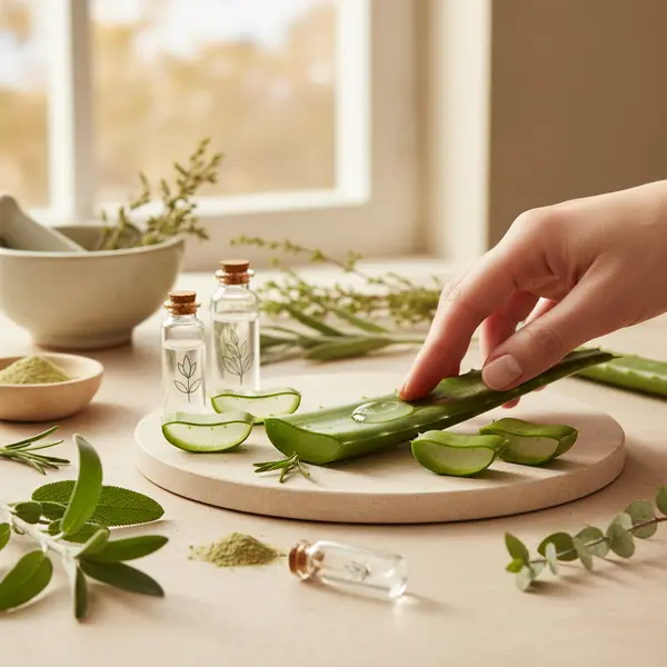 Peau avec une reaction allergique a cote d'une feuille d'aloe vera