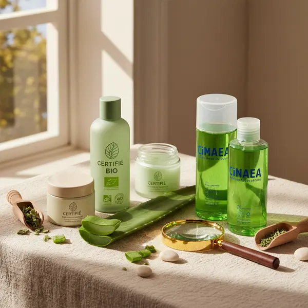 Gel d'aloe vera bio certifié dans un flacon transparent avec feuilles fraîches