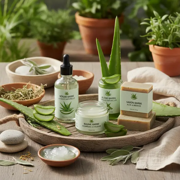 Homme appliquant du gel d'aloe vera sur sa barbe pour l'hydrater et la soigner