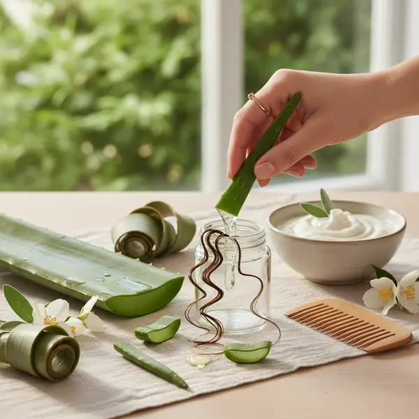 Femme aux cheveux bouclés définis grâce au gel d'aloe vera