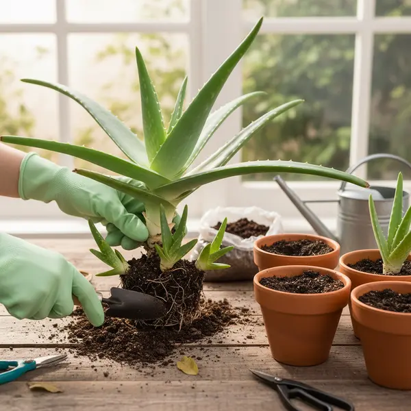 Rejets d'aloe vera separes de la plante mere prets a etre rempotes