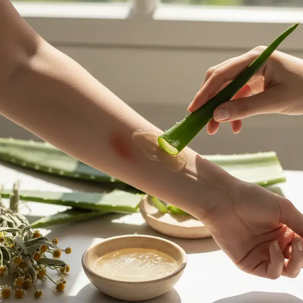 Application de gel d'aloe vera pur sur une brulure legere pour soulager la douleur