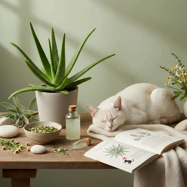 Chat a cote d'une plante d'aloe vera avec un pictogramme d'avertissement