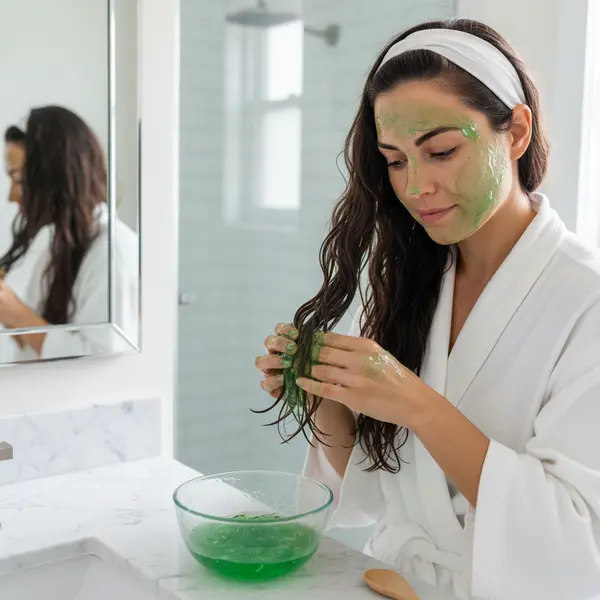 Application d'un masque capillaire a l'aloe vera sur des cheveux