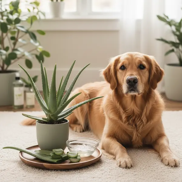 Chien a cote d'une plante d'aloe vera avec un symbole d'avertissement