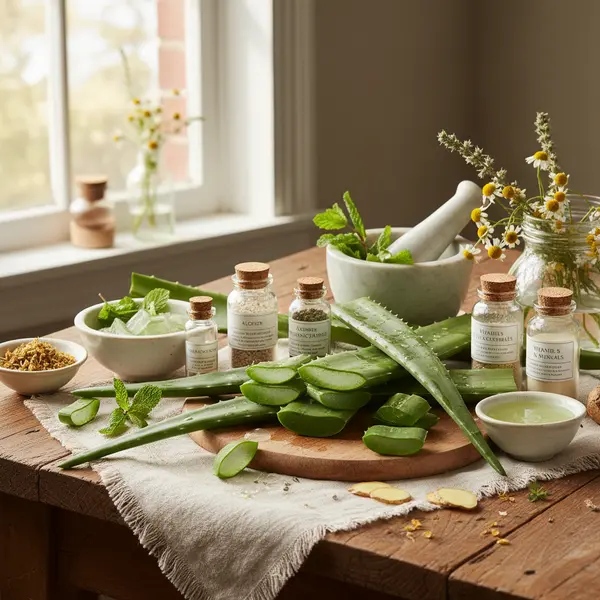 Coupe transversale d'une feuille d'aloe vera montrant ses differentes couches et composants