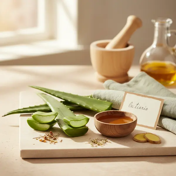Feuille d'aloe vera coupee montrant le gel transparent et le latex jaune