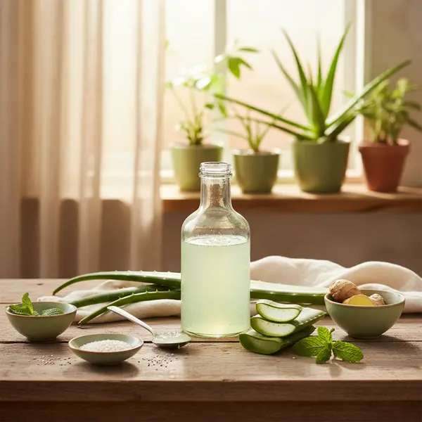 Bouteille de gel d'aloe vera pur a cote d'un verre dose pour une cure quotidienne