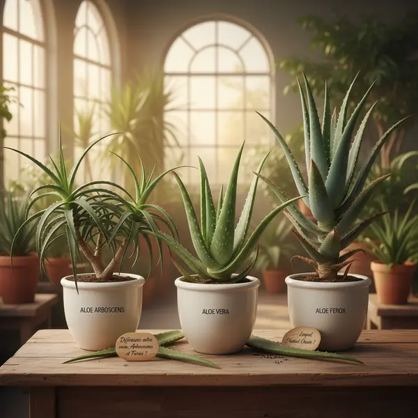 Trois pots alignes contenant un aloe vera, un arborescens et un ferox