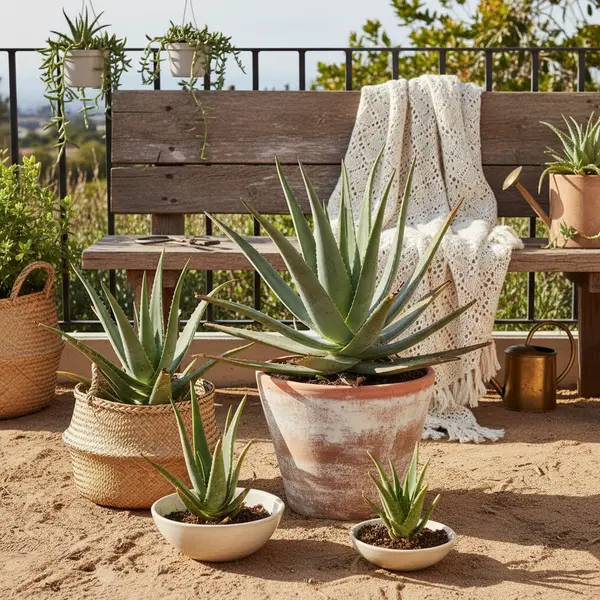 Aloe vera en pot installe sur une terrasse ensoleillee