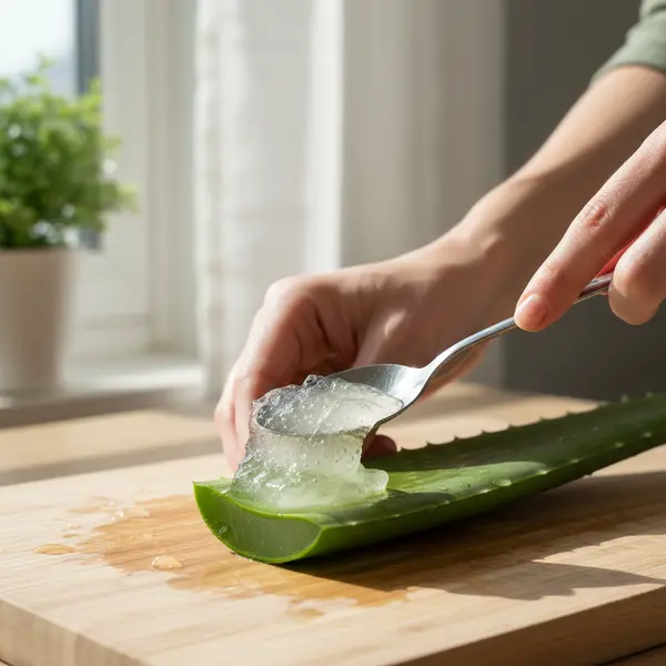 Extraction du gel translucide d'une feuille d'aloe vera ouverte