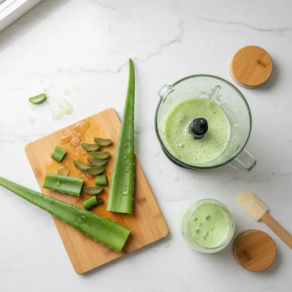Gel d'aloe vera fait maison dans un bol en verre avec des feuilles fraiches