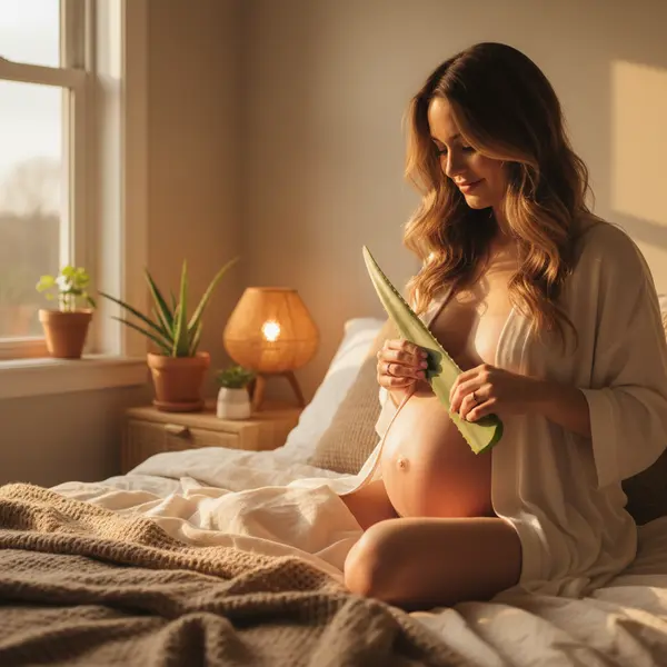 Femme enceinte tenant un pot d'aloe vera avec un air interrogatif