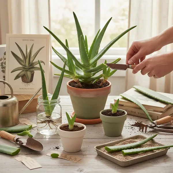 Rejets d'aloe vera prets a etre separes de la plante mere