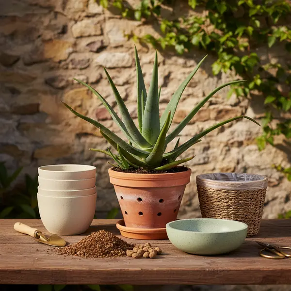 Differents pots en terre cuite et plastique avec des aloe vera