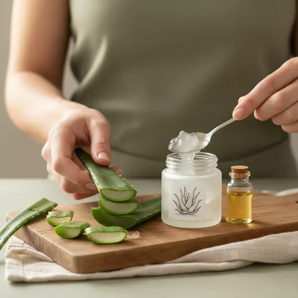 Gel d'aloe vera pur transparent coule d'une cuillere dans un bol en verre