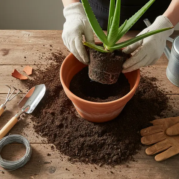 Rempotage d'un aloe vera dans un nouveau pot en terre cuite