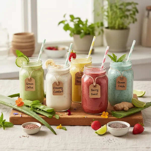 Verre de smoothie vert a base de gel d aloe vera frais et de fruits