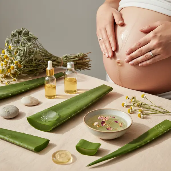 Femme enceinte appliquant du gel d'aloe vera sur son ventre pour prevenir les vergetures