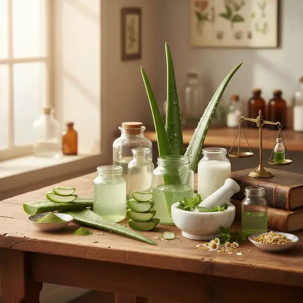 Plante d'aloe vera avec gel frais illustrant ses vertus traditionnelles et scientifiques