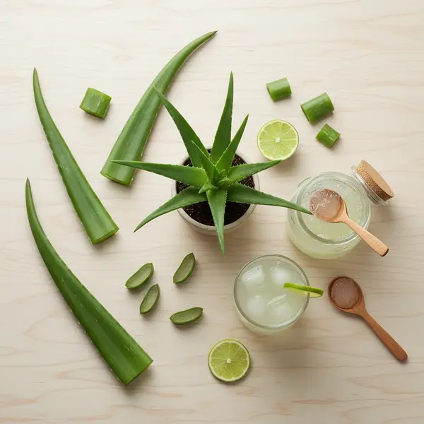Plante d'aloe vera luxuriante avec une feuille coupee revelant le gel transparent