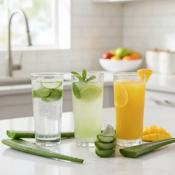 Verre de jus d'aloe vera frais avec une feuille coupee en arriere-plan