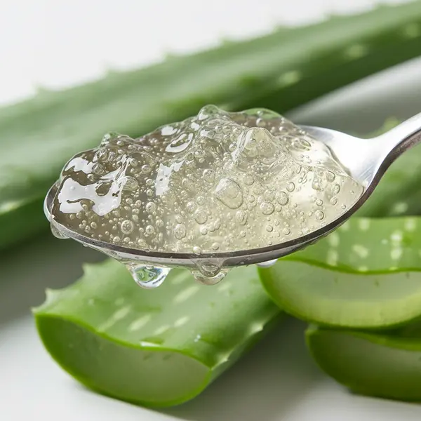 Gel d'aloe vera transparent dans un bol en verre avec des feuilles fraiches