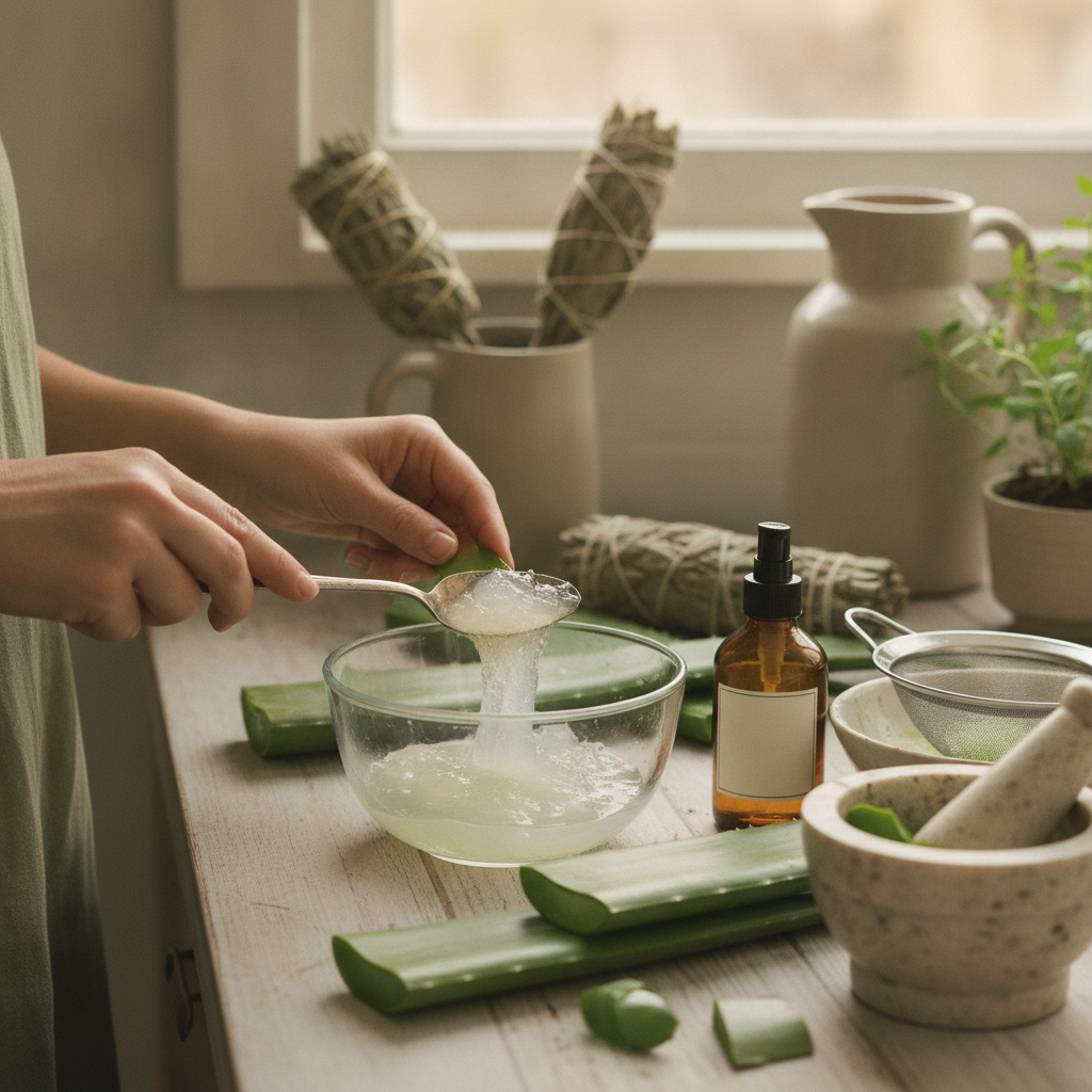 Gel d'aloe vera fait maison dans un bol en verre avec des feuilles fraiches