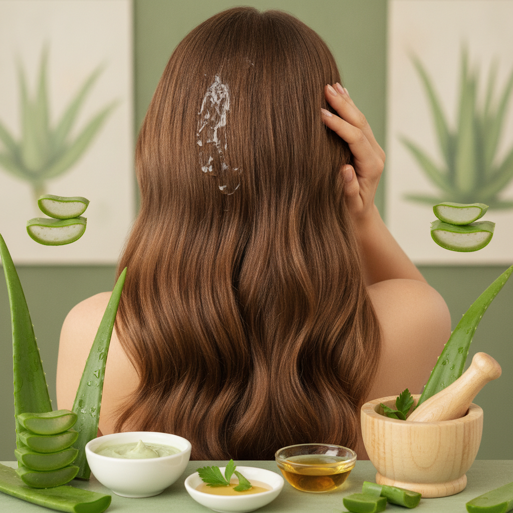 Femme appliquant du gel d'aloe vera sur son cuir chevelu pour stimuler la pousse